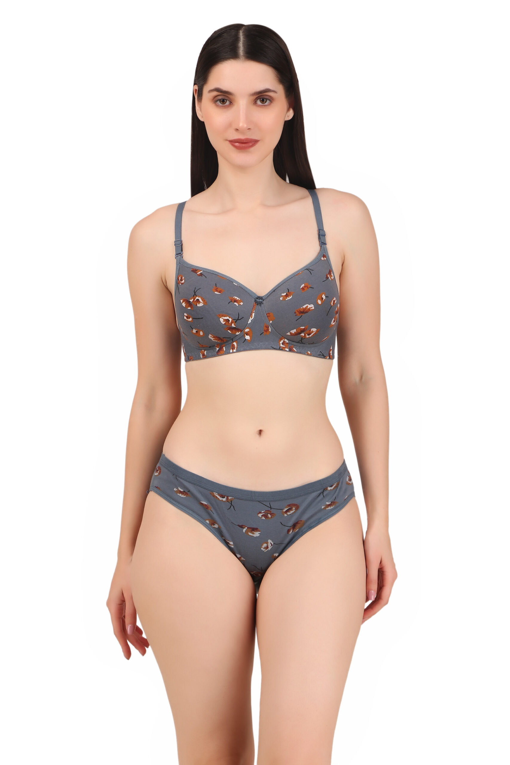 Grey Printed Padded Bra Panty Set | HK Choice
