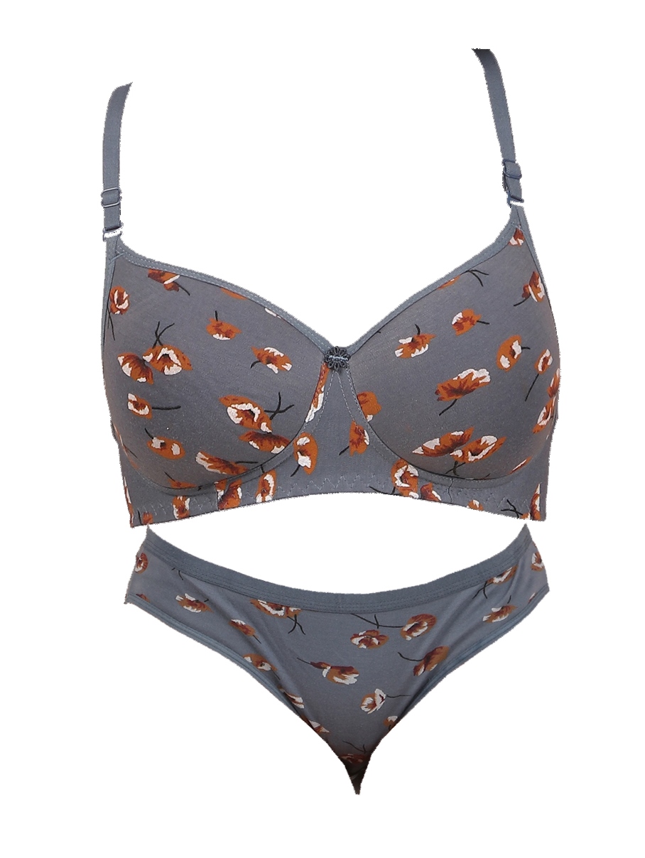 Grey Printed Padded Bra Panty Set | HK Choice