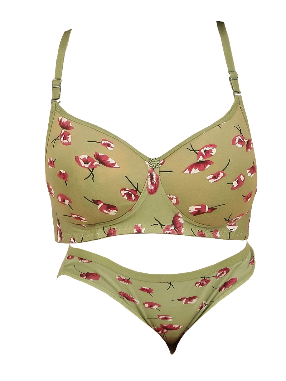 Green Printed Padded Bra Panty Set | HK Choice