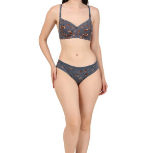 Grey Printed Padded Bra Panty Set | HK Choice