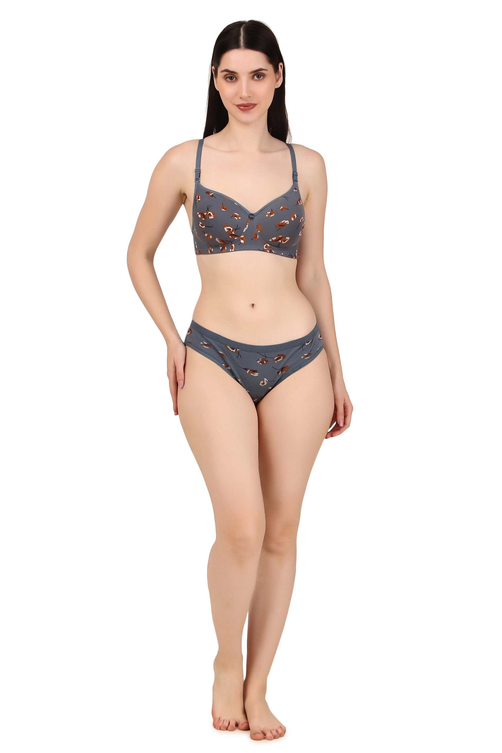 Grey Printed Padded Bra Panty Set | HK Choice