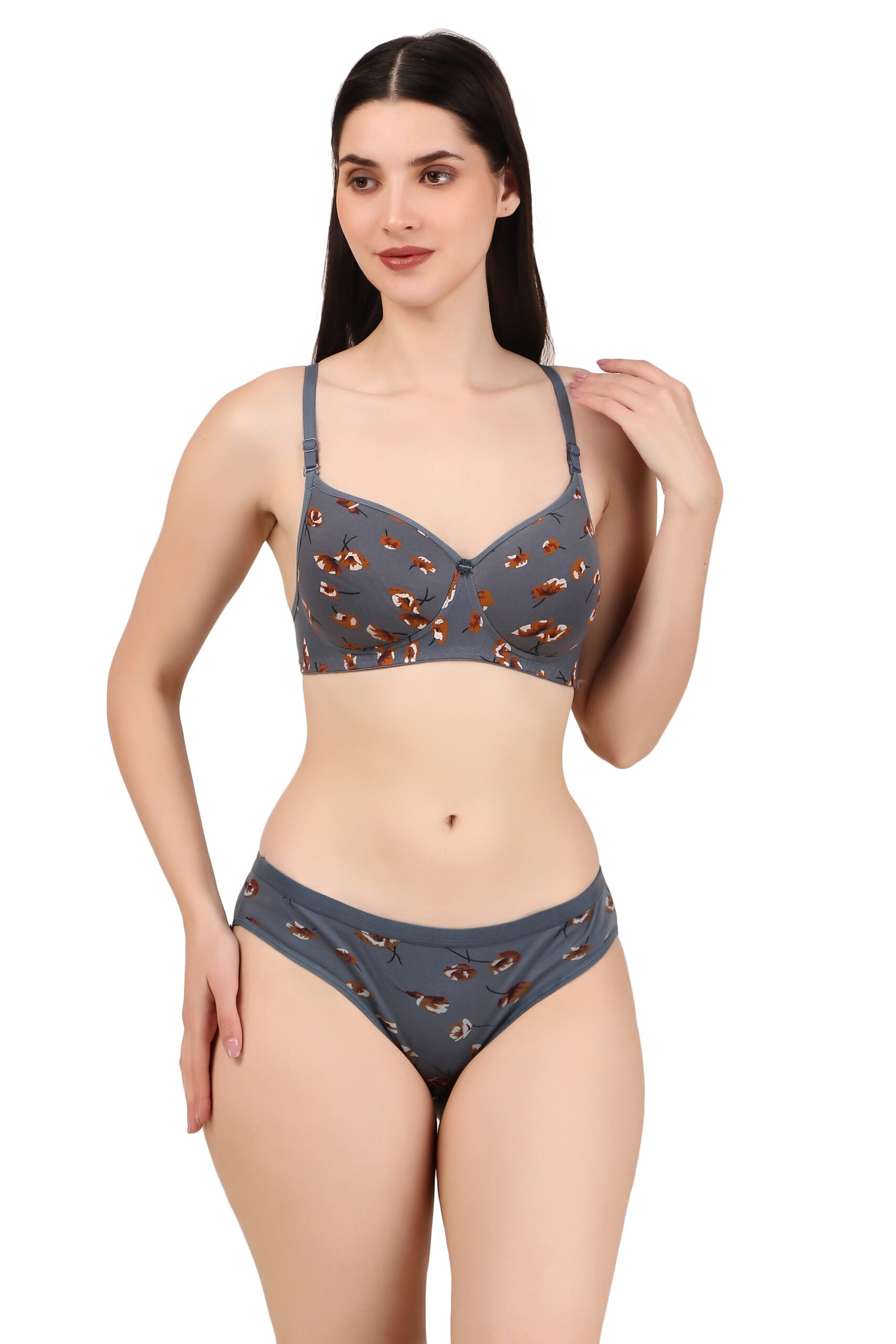 Grey Printed Padded Bra Panty Set | HK Choice
