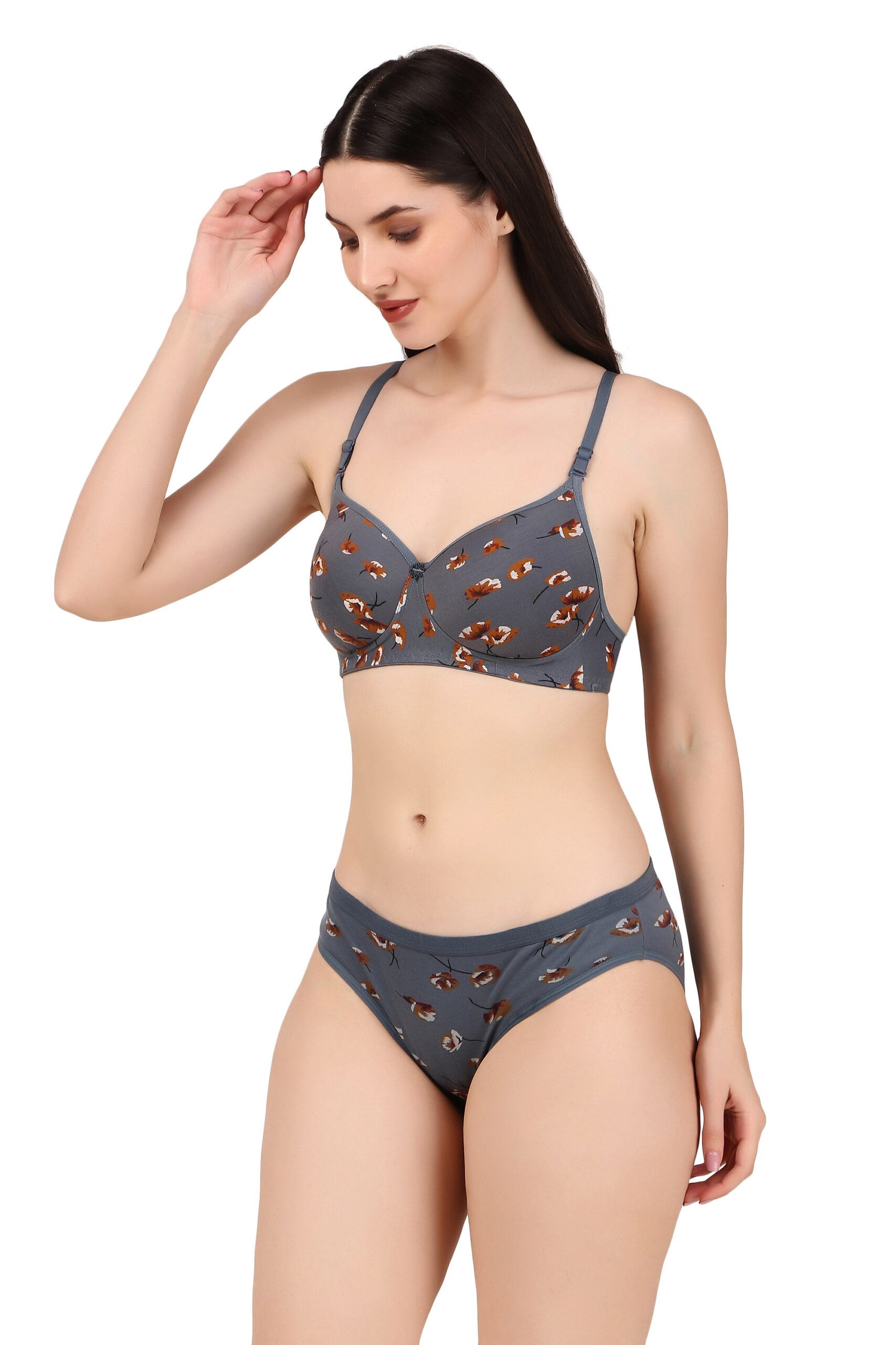Grey Printed Padded Bra Panty Set | HK Choice