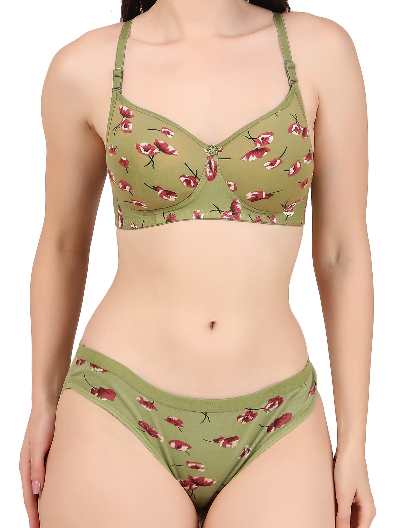 Green Printed Padded Bra Panty Set | HK Choice